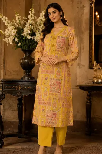 Light yellow cotton blend floral print kurta set