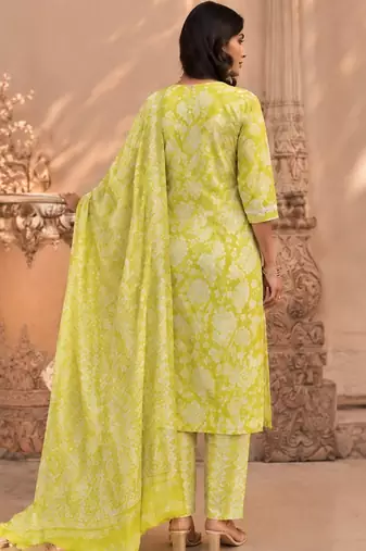 Lime green cotton blend floral print kurta set