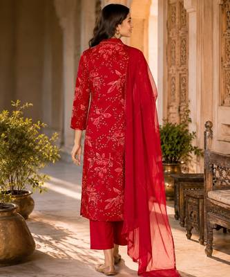 Red cotton blend floral print kurta set 3