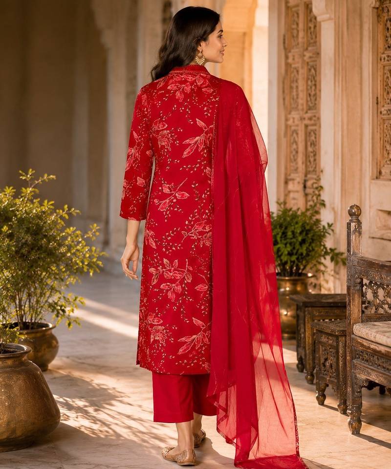 Red cotton blend floral print kurta set