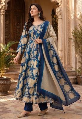 Blue cotton blend floral print kurta set 1