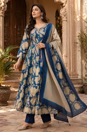 Blue cotton blend floral print kurta set