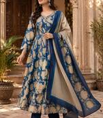 Blue cotton blend floral print kurta set
