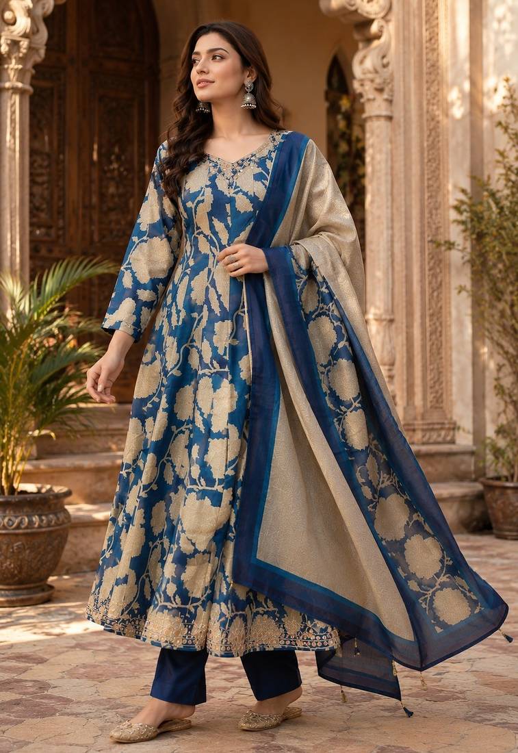 Blue cotton blend floral print kurta set