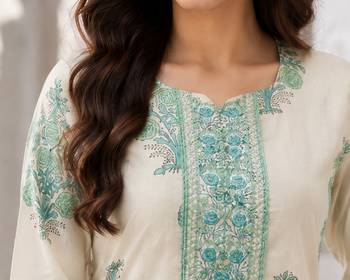 Off white cotton blend floral print kurta set 4