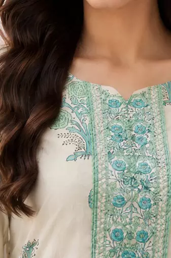 Off white cotton blend floral print kurta set
