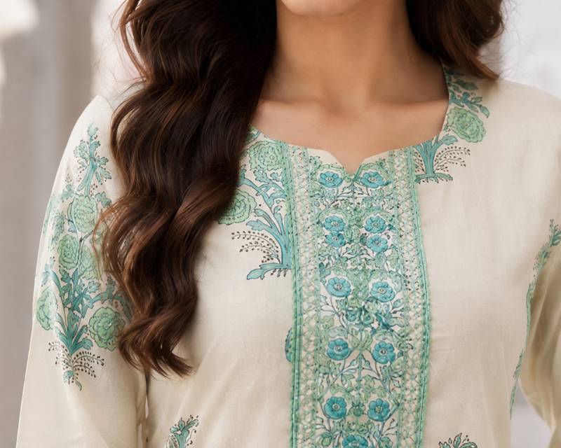 Off white cotton blend floral print kurta set