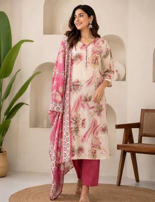 Pink cotton blend floral print kurta set 5