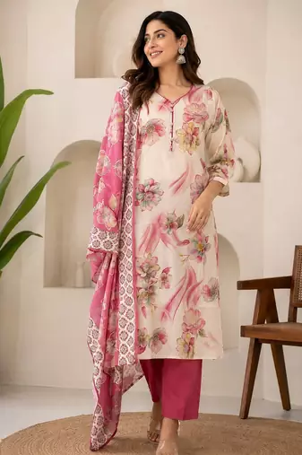 Pink cotton blend floral print kurta set