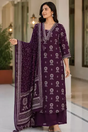 Purple cotton blend floral print kurta set