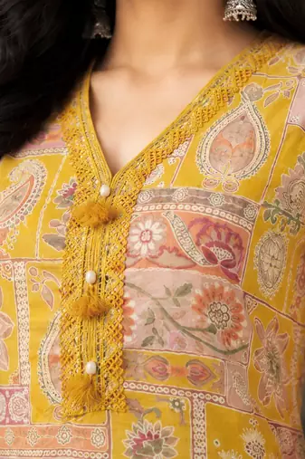 Light yellow cotton blend floral print kurta set