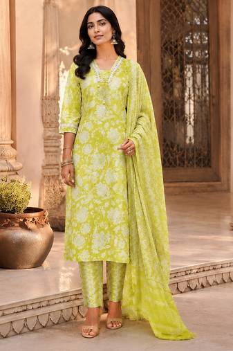 Lime green cotton blend floral print kurta set
