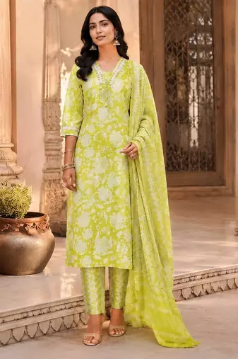 Lime green cotton blend floral print kurta set