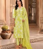 Lime green cotton blend floral print kurta set