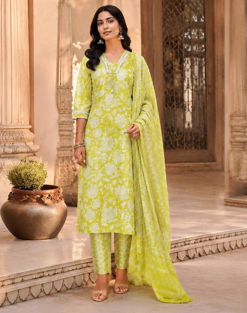 Lime green cotton blend floral print kurta set