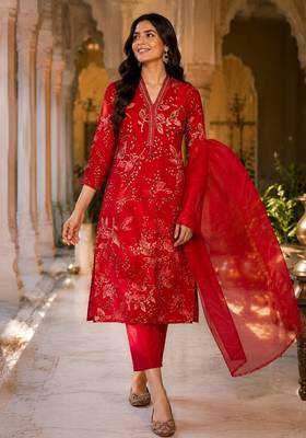 Red cotton blend floral print kurta set 1