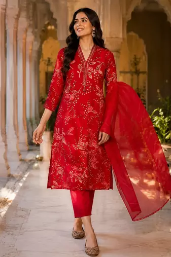 Red cotton blend floral print kurta set