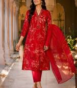 Red cotton blend floral print kurta set