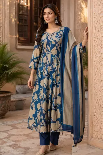 Blue cotton blend floral print kurta set