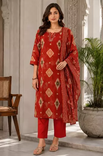 Red cotton blend geometric print kurta set