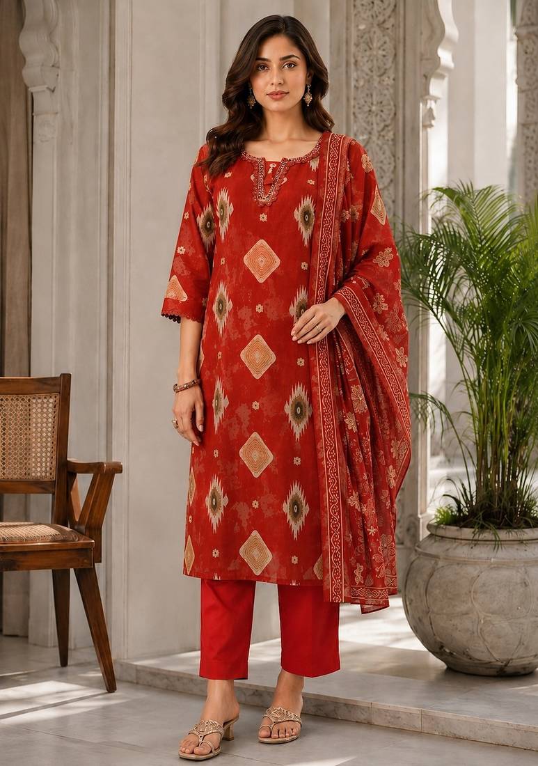 Red cotton blend geometric print kurta set