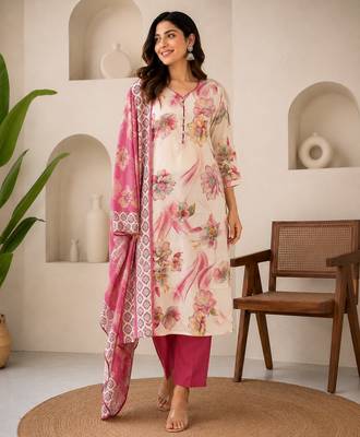 Pink cotton blend floral print kurta set 1