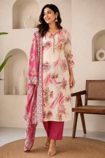 Pink cotton blend floral print kurta set