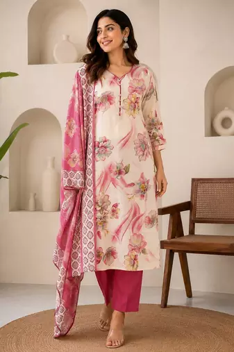 Pink cotton blend floral print kurta set