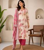 Pink cotton blend floral print kurta set