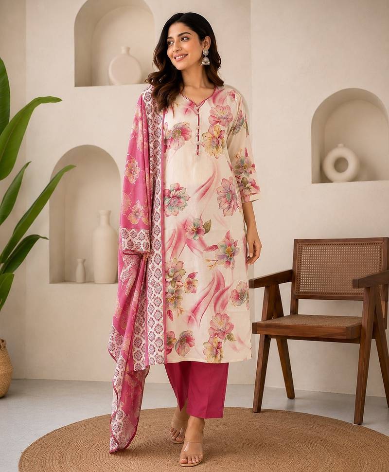 Pink cotton blend floral print kurta set