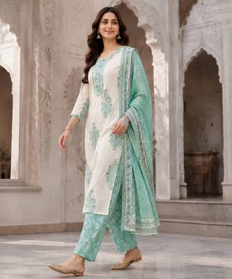 Off white cotton blend floral print kurta set 5