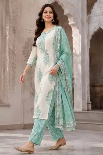 Off white cotton blend floral print kurta set