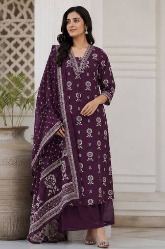 Purple cotton blend floral print kurta set