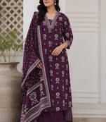 Purple cotton blend floral print kurta set
