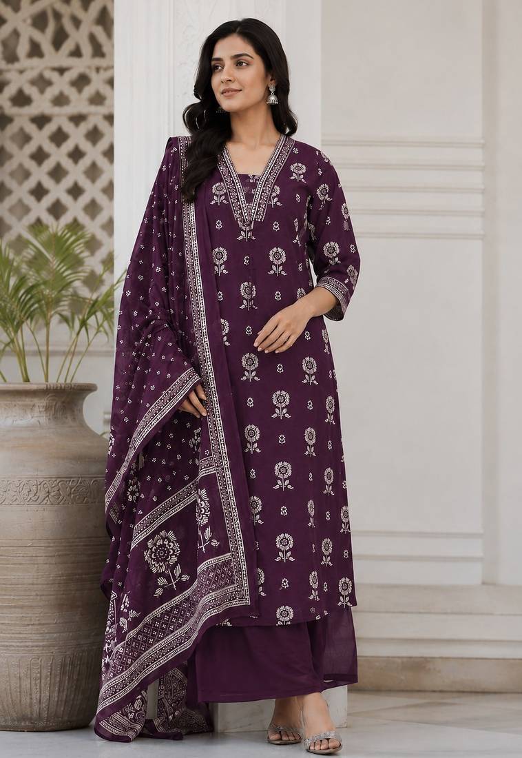 Purple cotton blend floral print kurta set