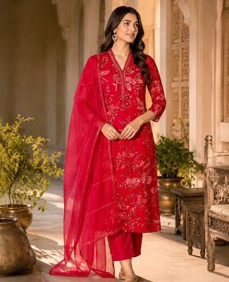 Red cotton blend floral print kurta set 4