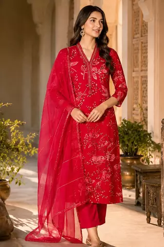Red cotton blend floral print kurta set