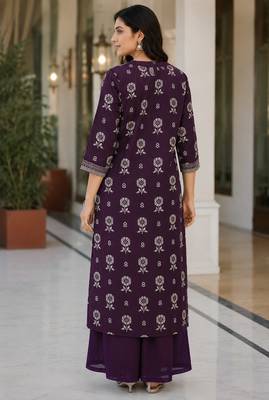 Purple cotton blend floral print kurta set 5