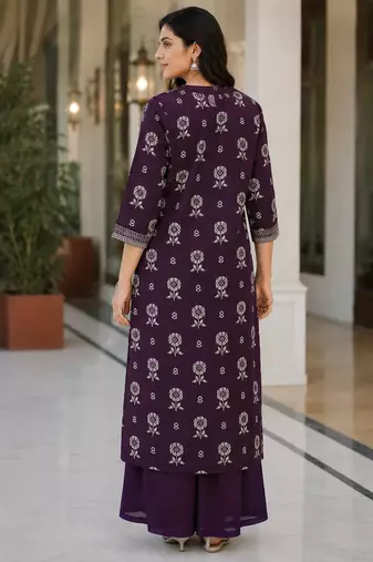 Purple cotton blend floral print kurta set