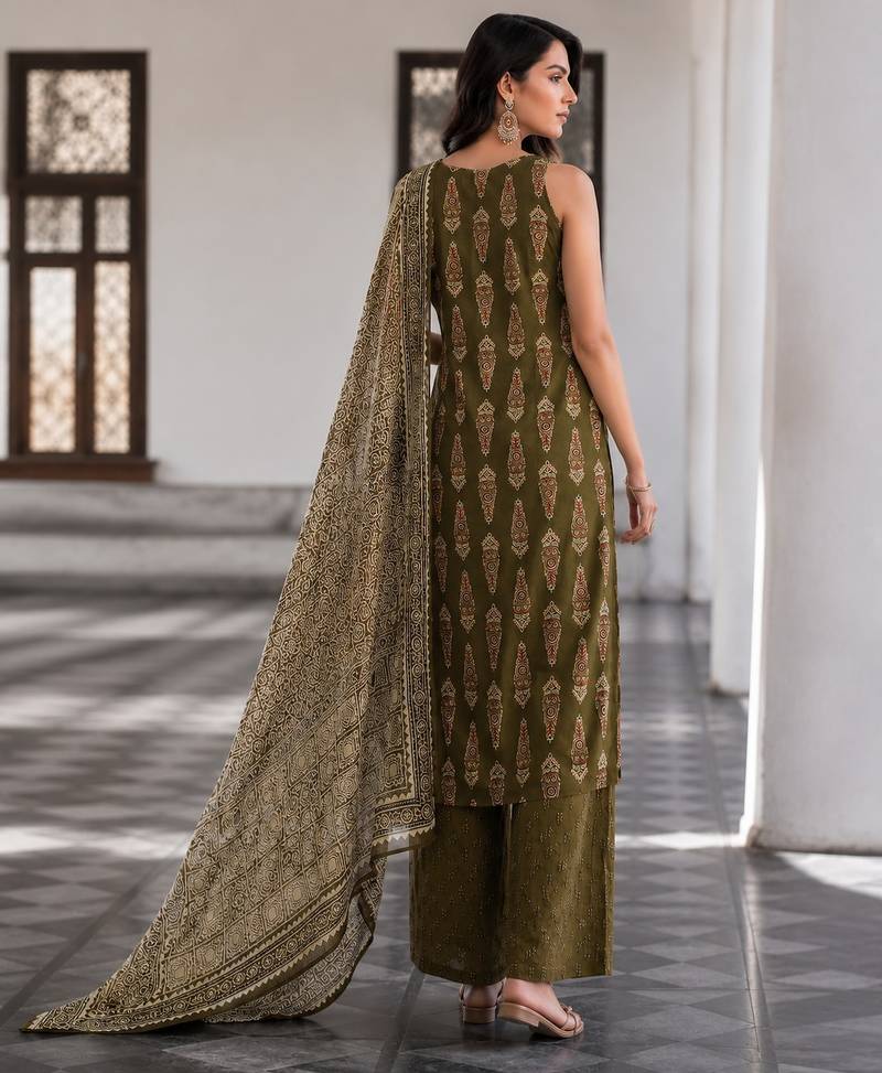 Mehendi cotton blend geometric print kurta set