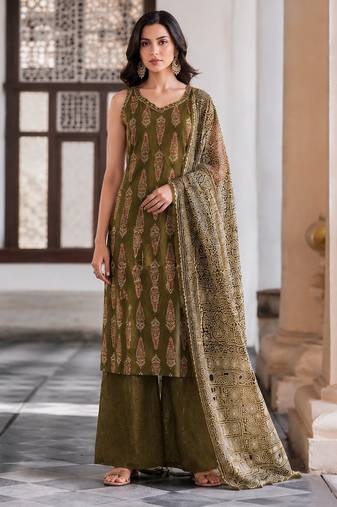 Mehendi cotton blend geometric print kurta set