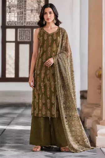 Mehendi cotton blend geometric print kurta set
