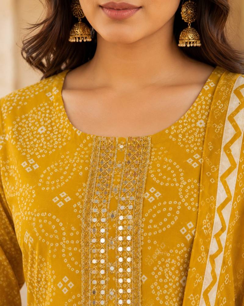 Mustard cotton blend geometric print kurta set