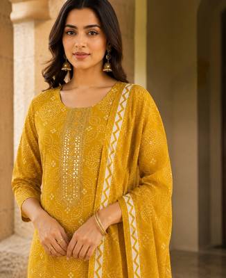 Mustard cotton blend geometric print kurta set 3