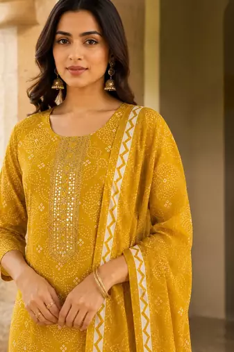 Mustard cotton blend geometric print kurta set