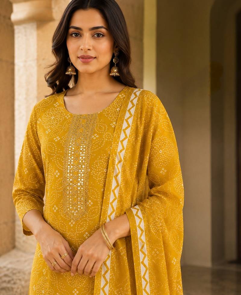 Mustard cotton blend geometric print kurta set