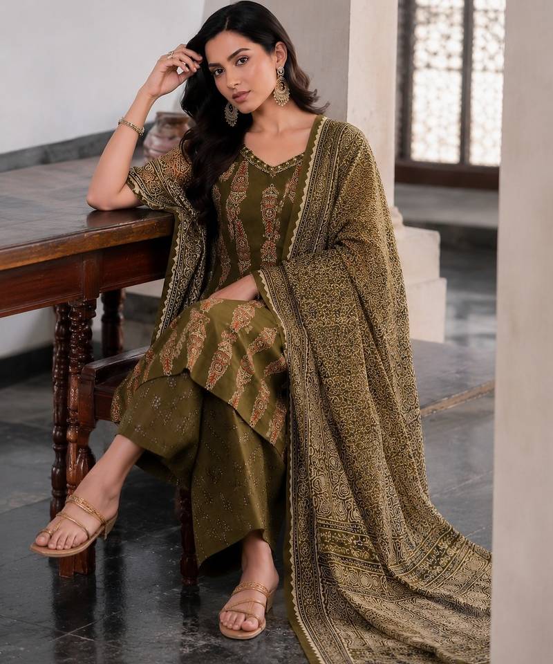 Mehendi cotton blend geometric print kurta set