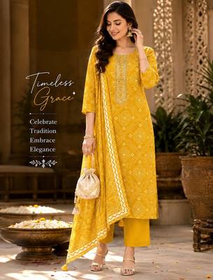 Mustard cotton blend geometric print kurta set 4