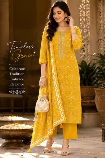 Mustard cotton blend geometric print kurta set