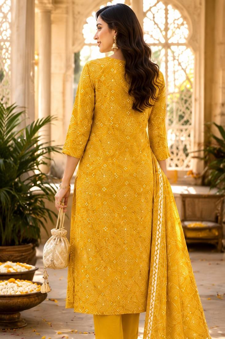Mustard cotton blend geometric print kurta set